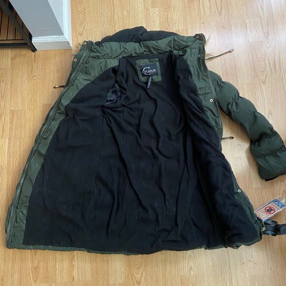 Celsius Green Hooded Puffer Coat With Fleece Lining & Gold Trim, Sz M--NWT - Picture 2 of 10